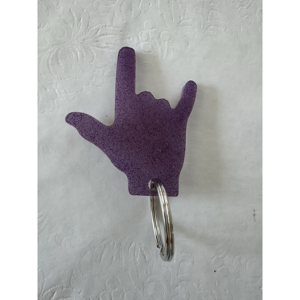 ASL I Love‎ You Hand Sign Keychain Purple Glitter Acrylic